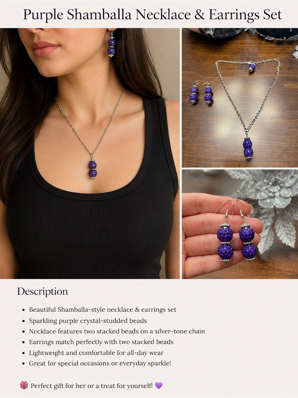 Purple Shamballa Necklace & Earrings Set - Hand Crafted